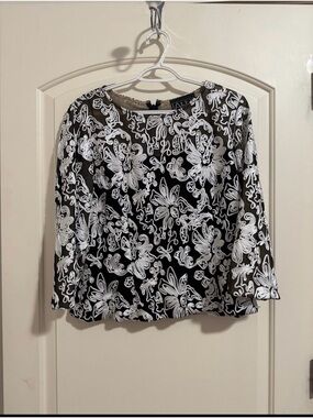 Alex Evenings Black Top with White Floral Lace Overlay